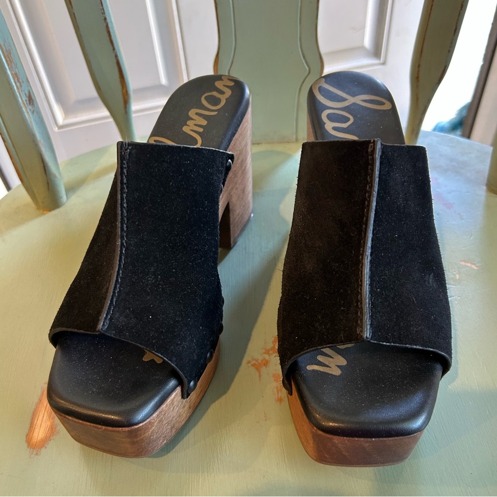 Sam Edelman Black Suede Leather Mules with Wooden Heel